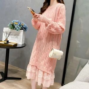 #176 Knitted Lace and Sweater Dress, Long Sleeves Round Neck Pullover Dress